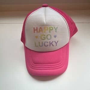Pink and White Happy Go Lucky Baby Trucker Hat with Adjustable Fit